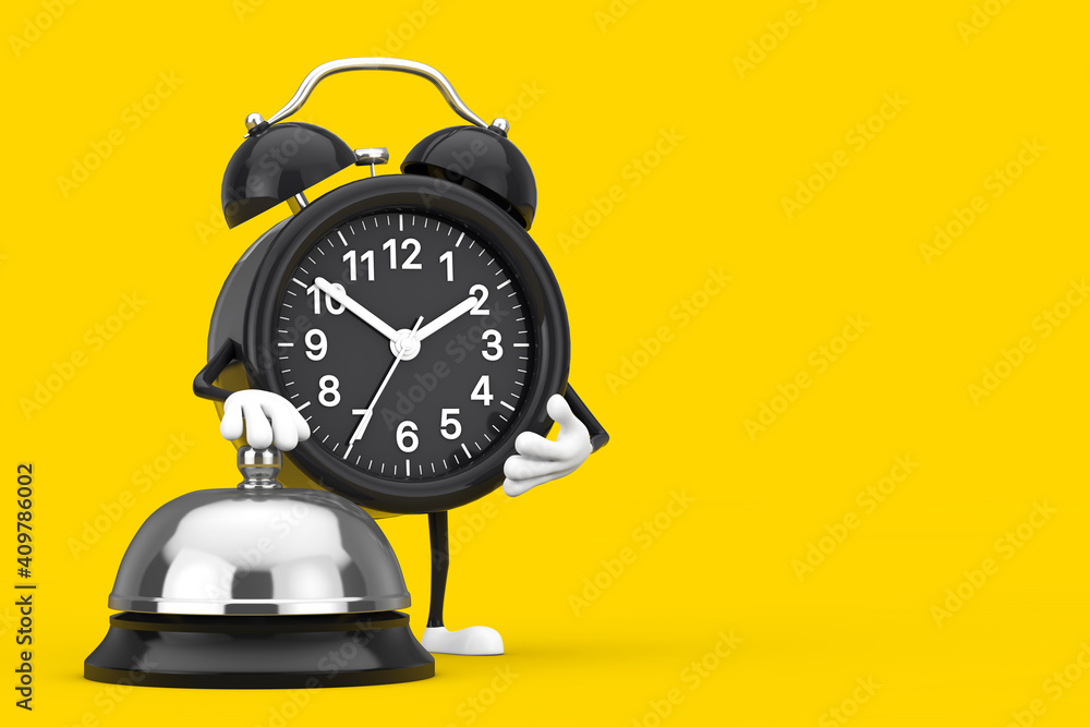 Poster alarm clock character mascot with hotel service bell call. 3d rendering