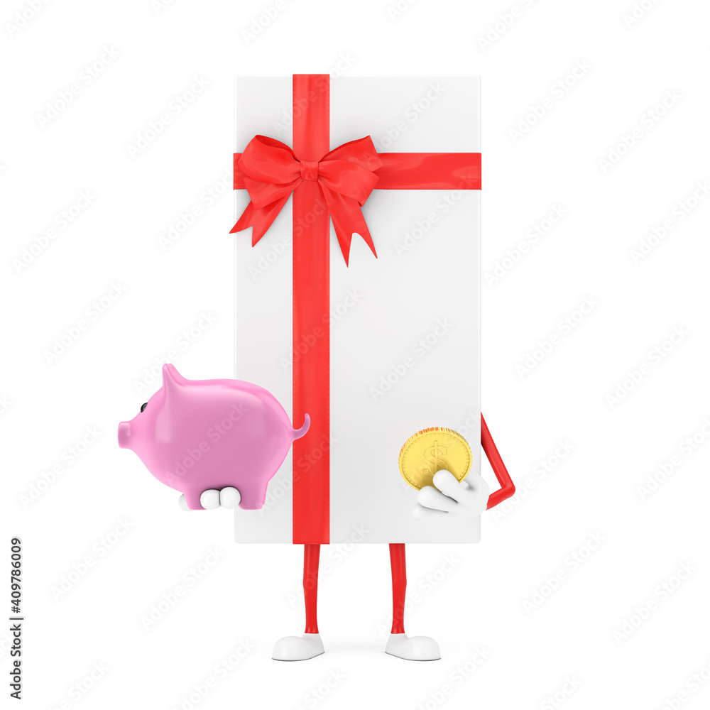 Poster white gift box and red ribbon character mascot with piggy bank and golden dollar coin. 3d rendering