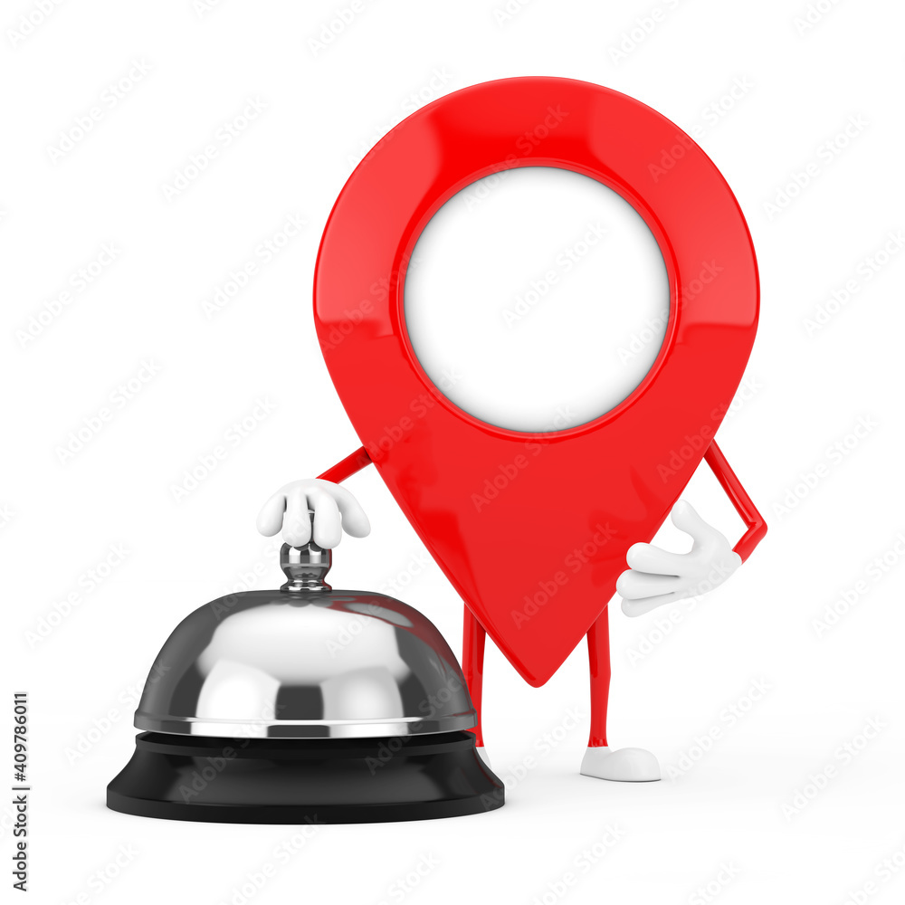 Poster red map pointer target pin character mascot with hotel service bell call. 3d rendering