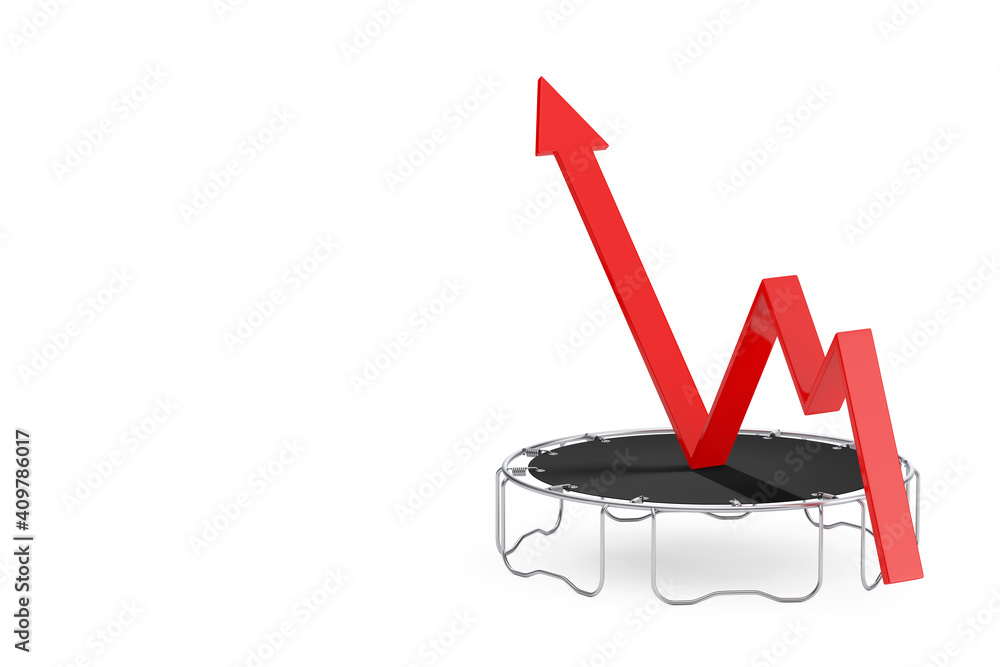 Aufkleber Success Concept. Business Growth Red Arrow Get Boost with Jumps on Trampoline. 3d Rendering