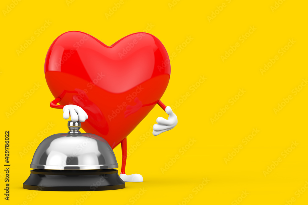 Aufkleber red heart character mascot with hotel service bell call. 3d rendering