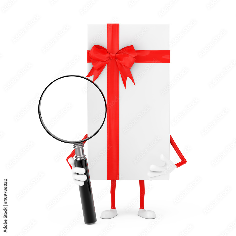 Poster white gift box and red ribbon character mascot with magnifying glass. 3d rendering