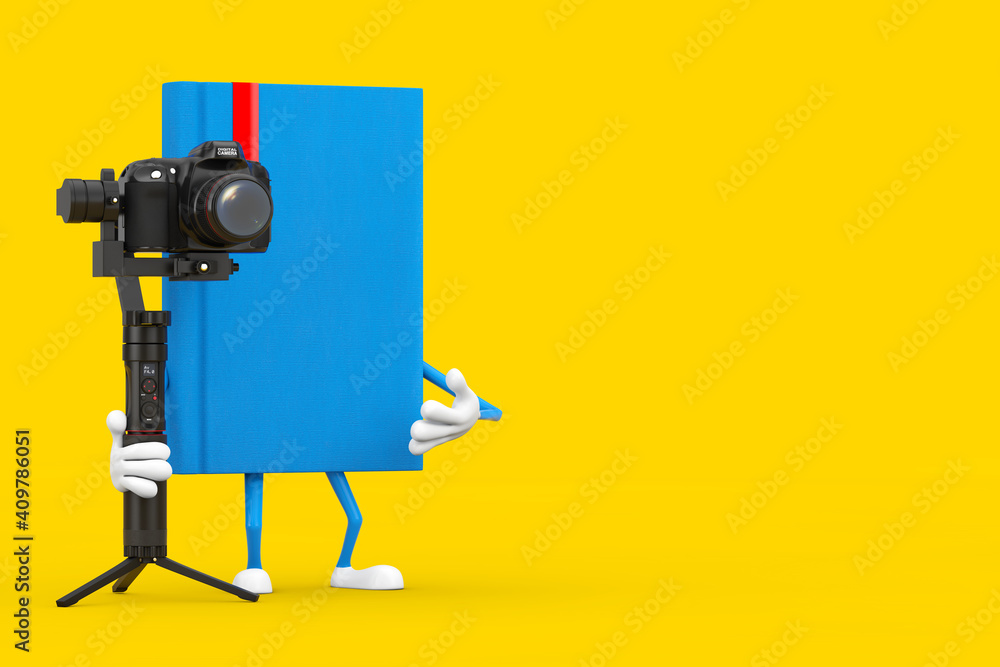 Aufkleber blue book character mascot with dslr or video camera gimbal stabilization tripod system. 3d renderin