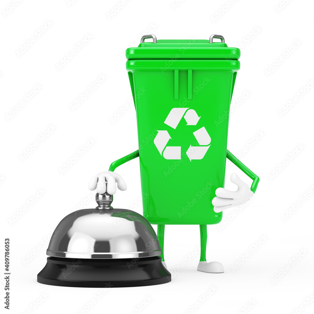 Aufkleber recycle sign green garbage trash bin character mascot with hotel service bell call. 3d rendering