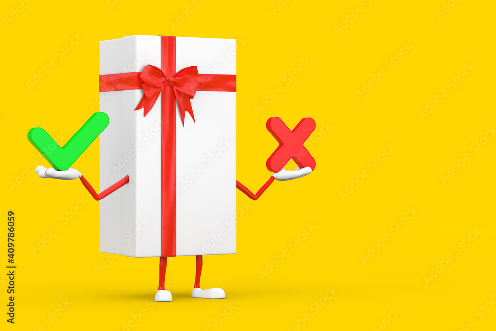 Aufkleber white gift box and red ribbon character mascot with with red cross and green check mark, confirm or 