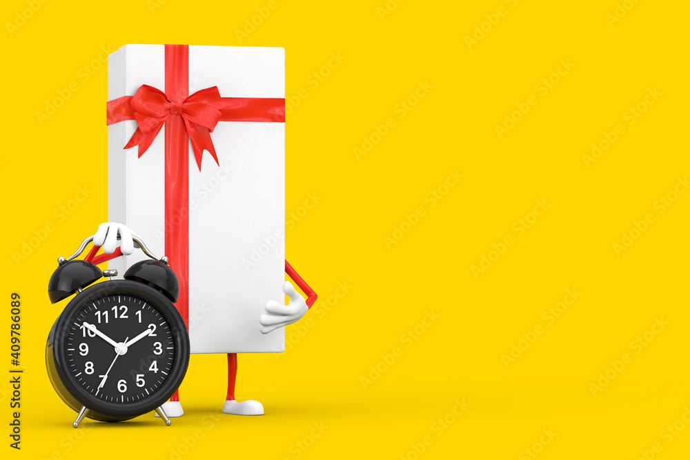 Aufkleber White Gift Box and Red Ribbon Character Mascot with Alarm Clock. 3d Rendering
