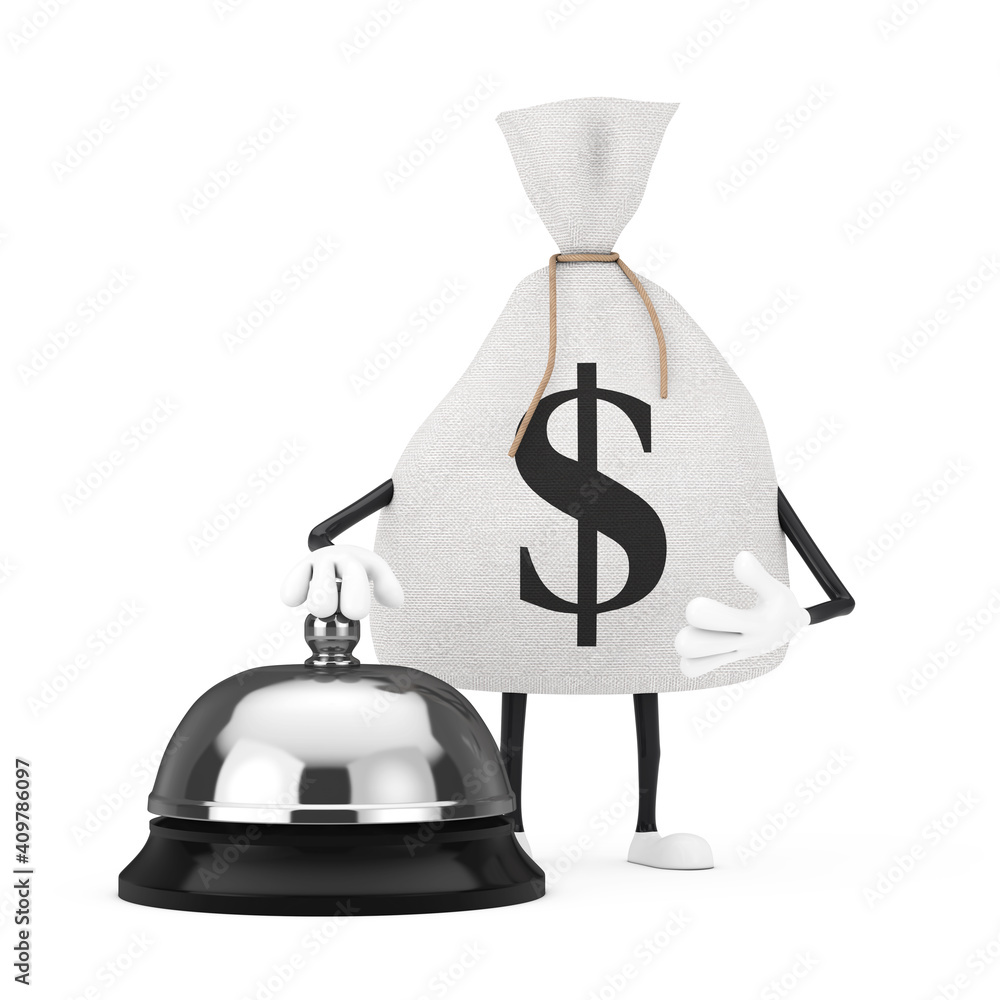 Poster tied rustic canvas linen money sack or money bag and dollar sign character mascot with hotel service