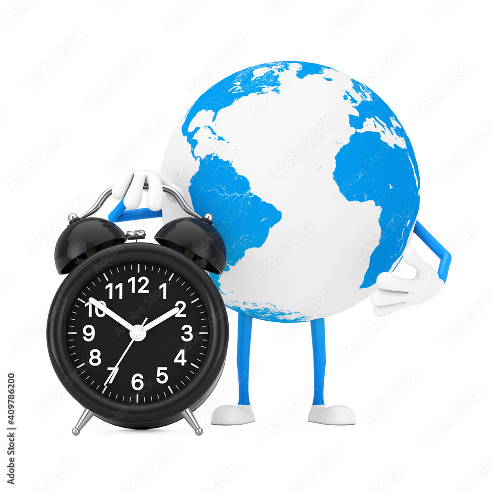 Poster earth globe character mascot with alarm clock. 3d rendering