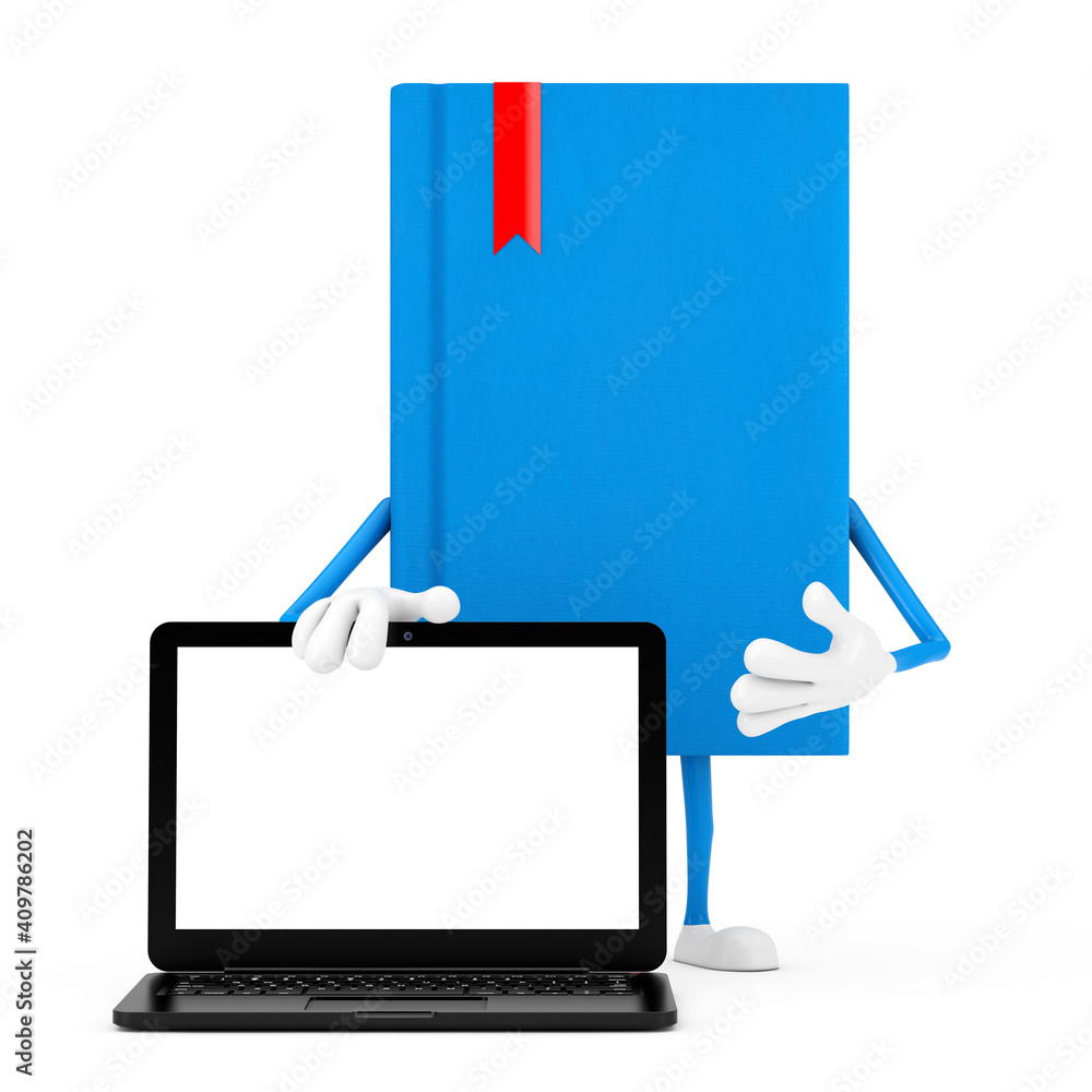 Poster blue book character mascot and modern laptop notebook computer with blank screen for your design. 3d