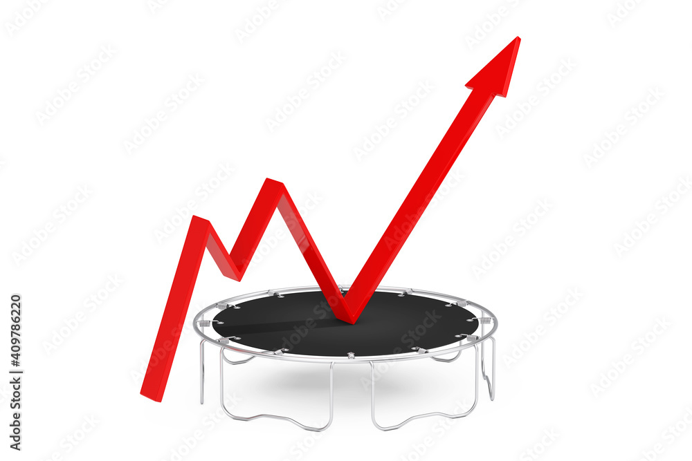Poster Success Concept. Business Growth Red Arrow Get Boost with Jumps on Trampoline. 3d Rendering