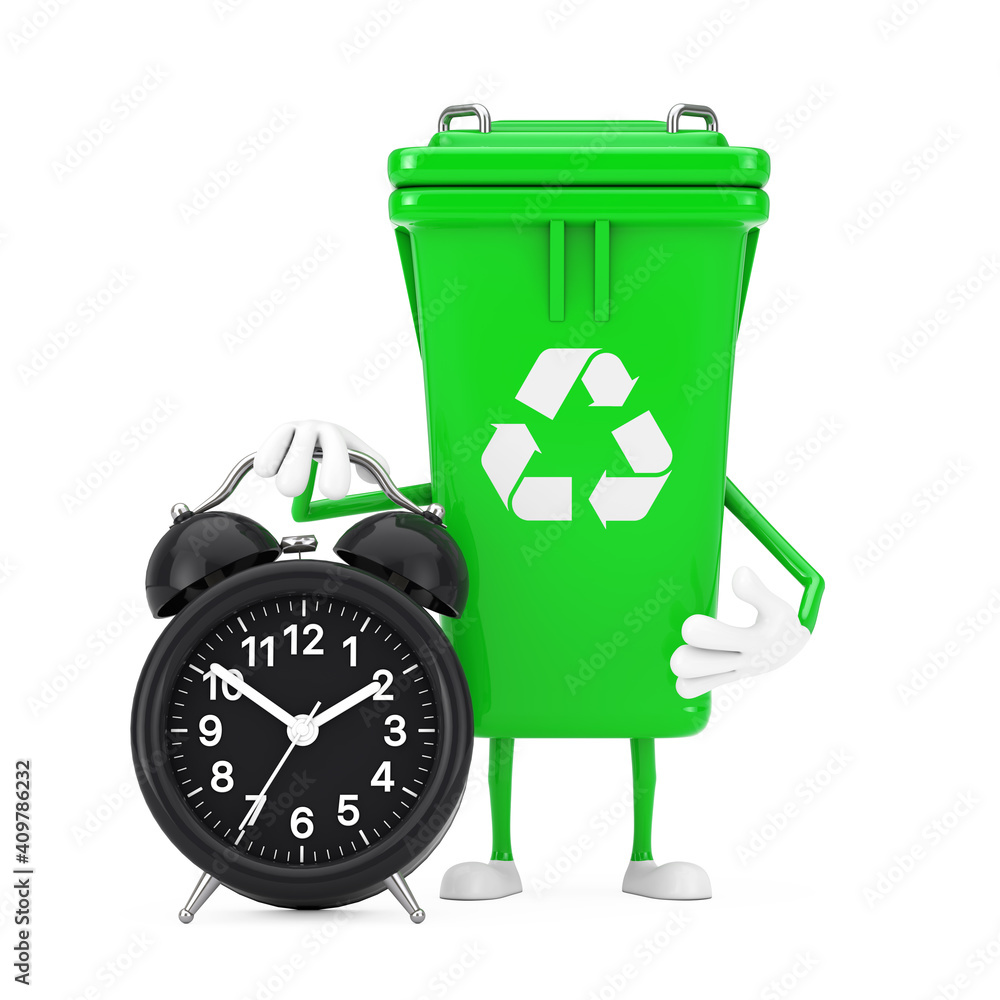 Fototapete recycle sign green garbage trash bin character mascot with alarm clock. 3d rendering