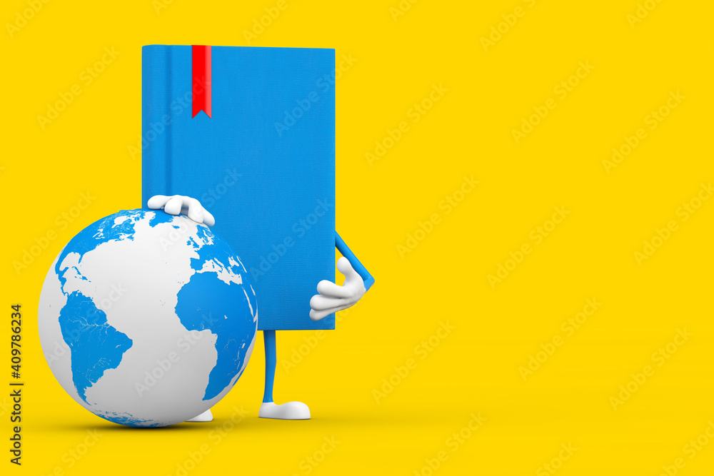 Poster blue book character mascot with earth globe. 3d rendering
