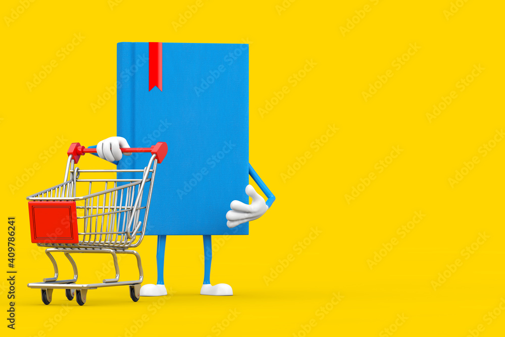 Poster blue book character mascot with shopping cart trolley. 3d rendering