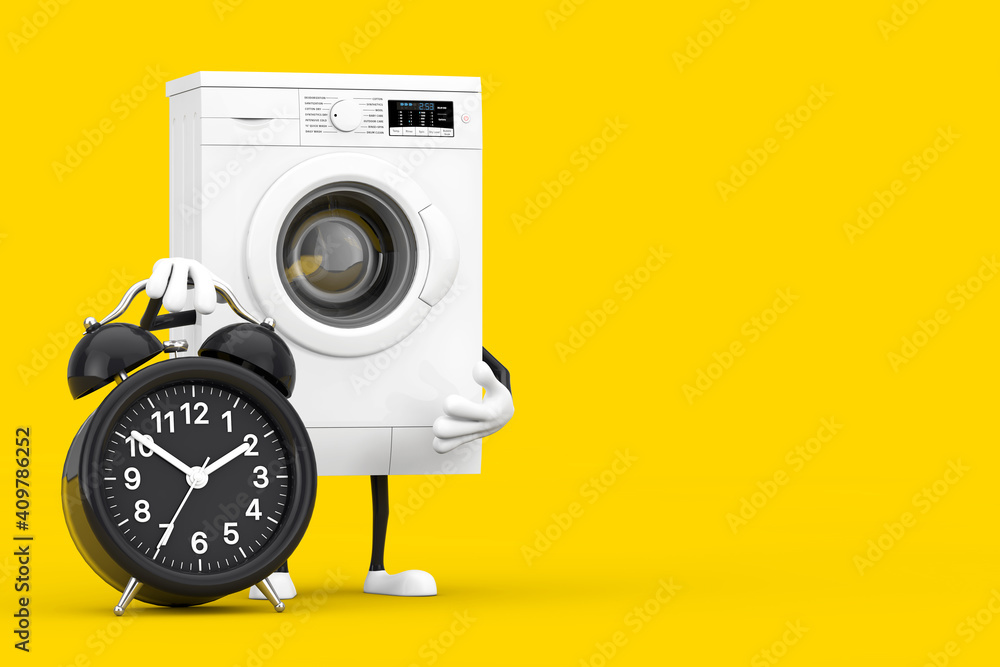 Poster modern white washing machine character mascot with alarm clock. 3d rendering