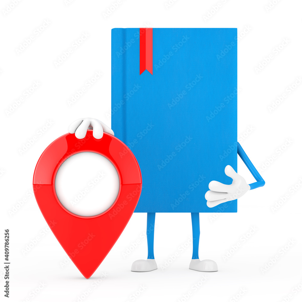 Poster blue book character mascot with map pointer pin. 3d rendering