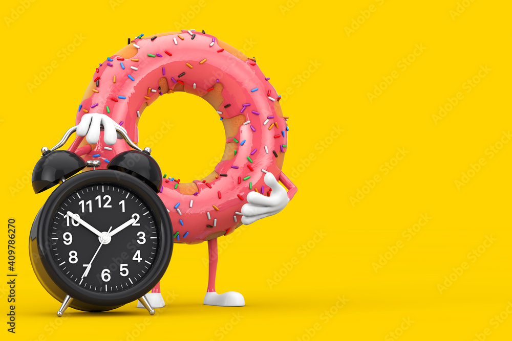 Poster big strawberry pink glazed donut character mascot with alarm clock. 3d rendering
