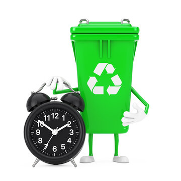 Recycle Sign Green Garbage Trash Bin Character Mascot with Alarm Clock. 3d Rendering