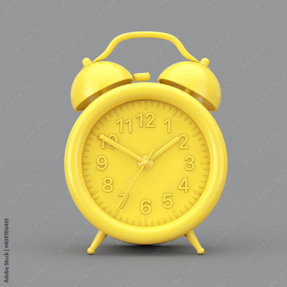 Poster illuminating yellow vintage alarm clock on a ultimate gray. 3d rendering