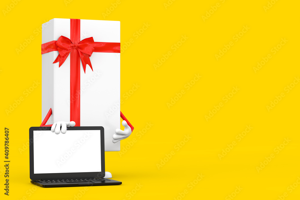 Leinwandbilder white gift box and red ribbon character mascot with modern laptop computer notebook and blank screen