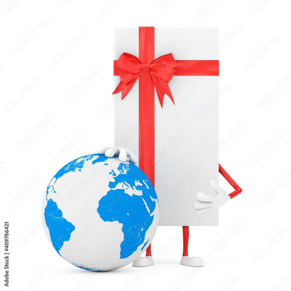 Aufkleber white gift box and red ribbon character mascot with earth globe. 3d rendering
