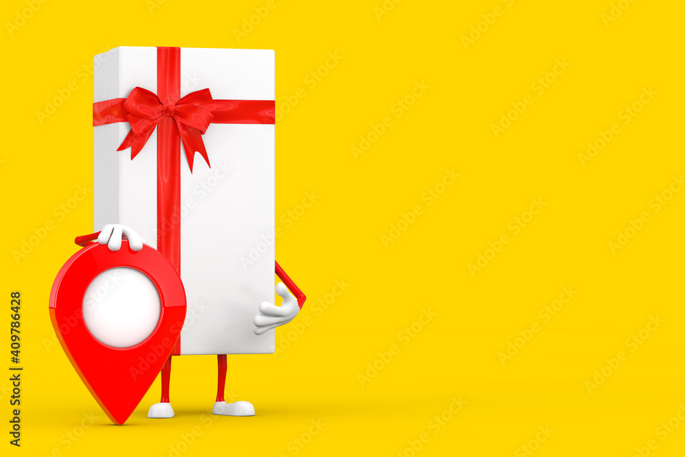 Poster white gift box and red ribbon character mascot with red map pointer target pin. 3d rendering