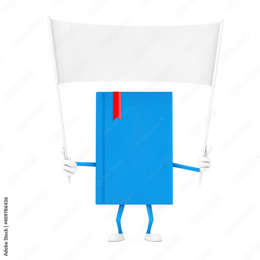 Fototapete blue book character mascot and empty white blank banner with free space for your design. 3d renderin