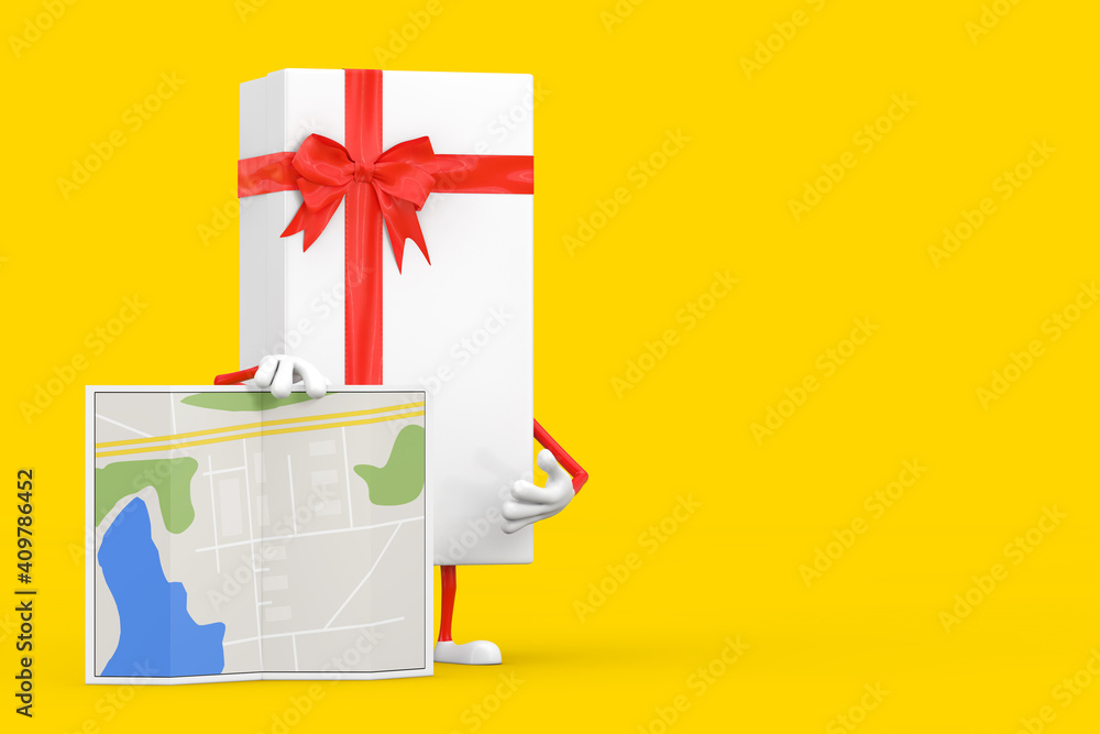 Poster white gift box and red ribbon character mascot with abstract plan map. 3d rendering