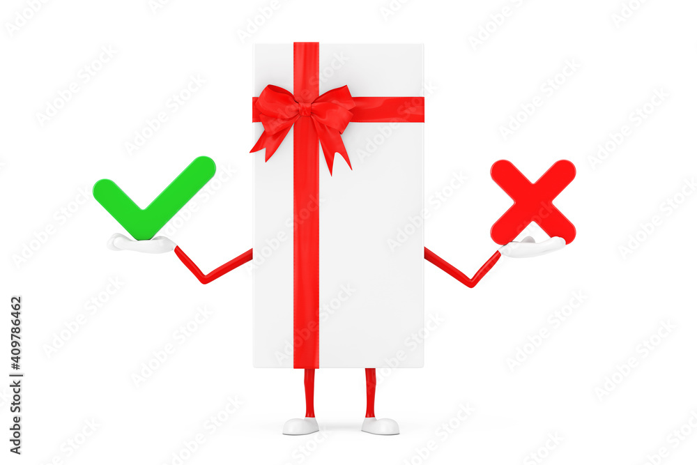 Leinwandbilder white gift box and red ribbon character mascot with with red cross and green check mark, confirm or 