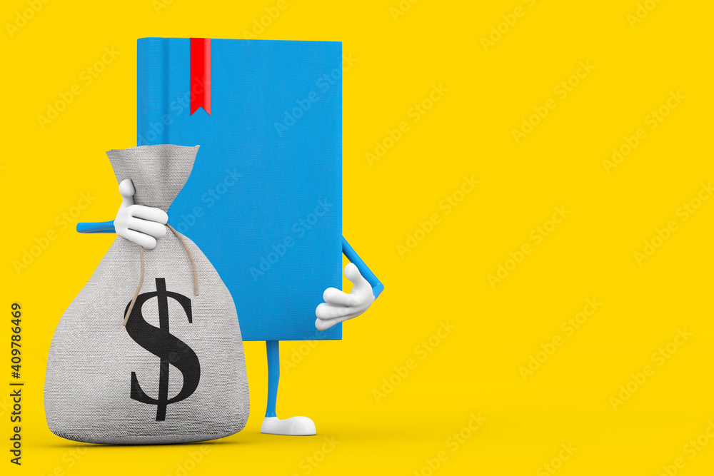Poster blue book character mascot with tied rustic canvas linen money sack or money bag and dollar sign. 3d