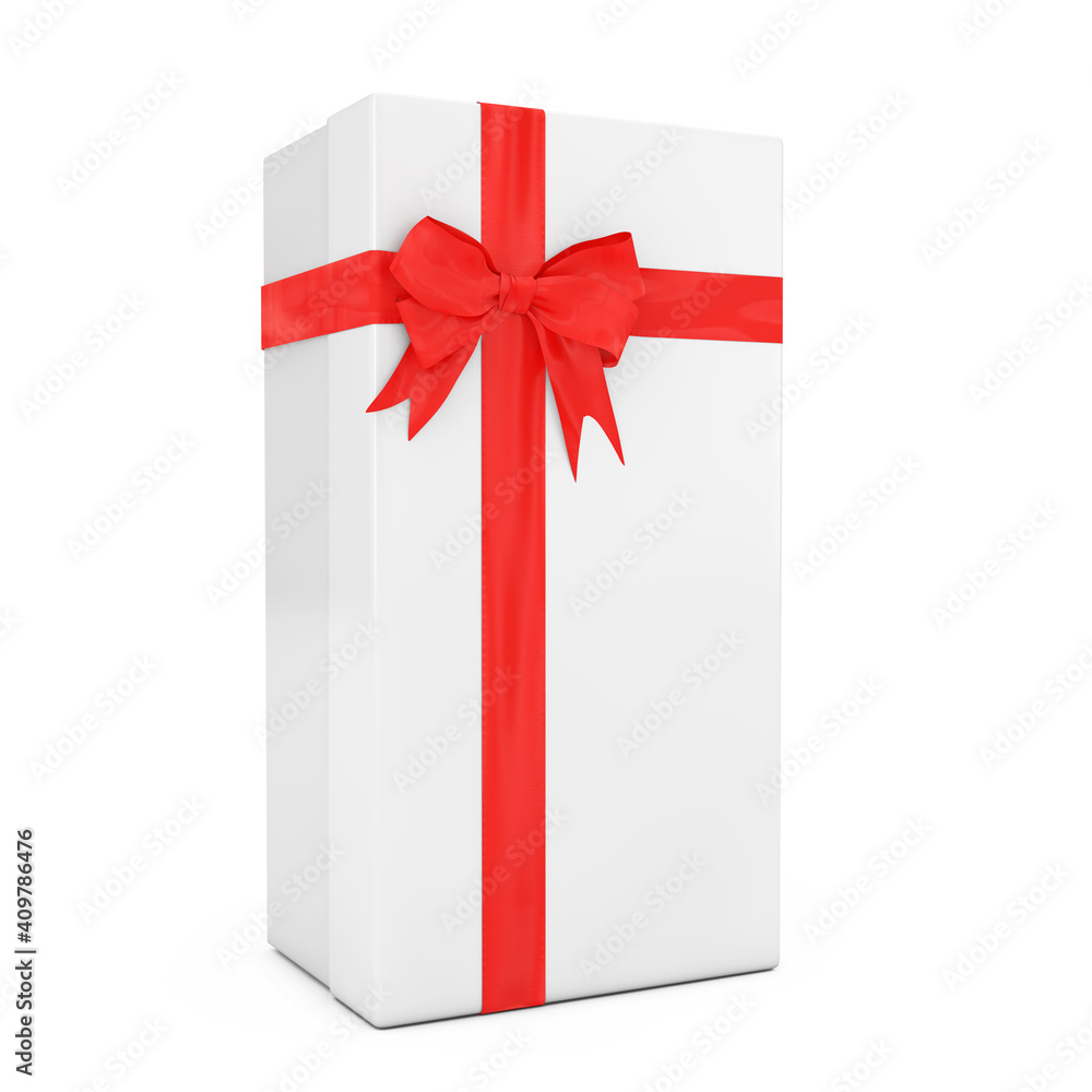 Aufkleber big white gift box with red ribbon and bow. 3d rendering