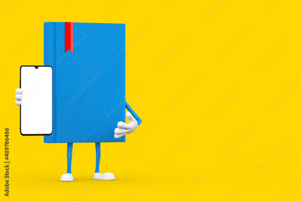 Poster blue book character mascot and modern mobile phone with blank screen for your design. 3d rendering