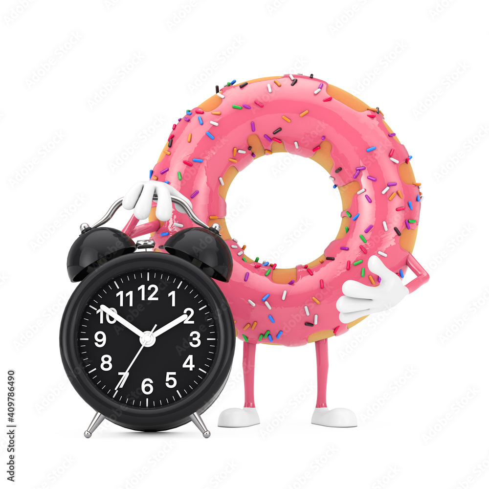 Poster Big Strawberry Pink Glazed Donut Character Mascot with Alarm Clock. 3d Rendering