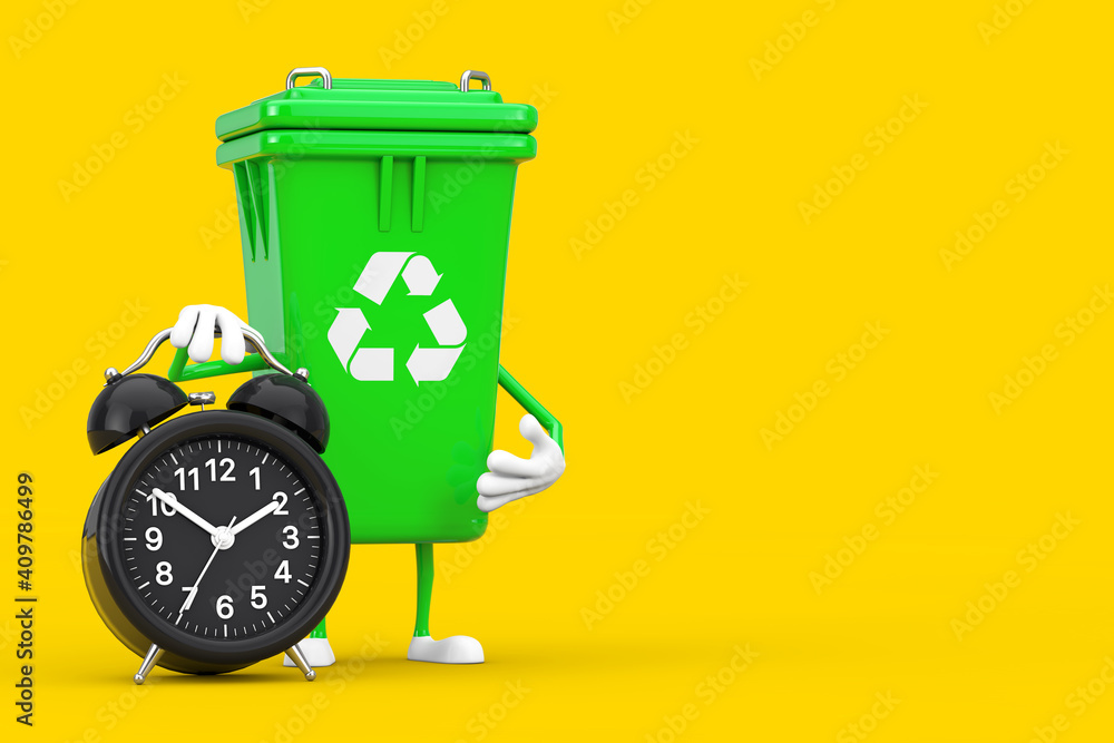 Leinwandbilder recycle sign green garbage trash bin character mascot with alarm clock. 3d rendering