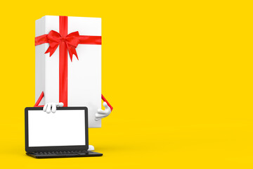White Gift Box and Red Ribbon Character Mascot with Modern Laptop Computer Notebook and Blank Screen for Your Design. 3d Rendering