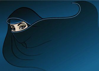 Animation Arab woman in a burqa. Dark blue background a place for the text.