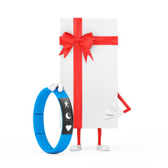 White Gift Box and Red Ribbon Character Mascot with Blue Fitness Tracker. 3d Rendering