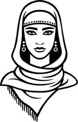 Animation portrait of the Arab woman in a scarf. Linear monochrome drawing isolated on a white background. Vector illustration.