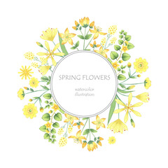 Watercolor floral wreath. Botanical llustration of lily, buttercup, salsify. Round frame of yellow flowers for packaging, label design. Meadow wild herb.