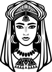 Animation portrait of the young Arab girl in a turban. Linear monochrome drawing isolated on a white background. Vector illustration.
