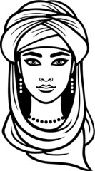 Animation portrait of the young Arab girl in a turban. Linear monochrome drawing isolated on a white background. Vector illustration.
