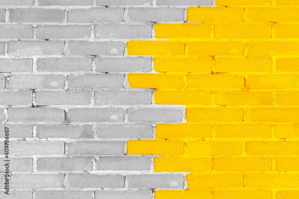 Poster brick wall in yellow illuminating and ultimate gray main trendy colors of the year 2021. 3d renderin