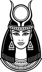 Animation portrait of the ancient Egyptian horned goddess. The linear drawing isolated on a white background. Vector illustration.