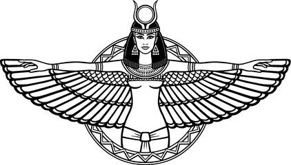 Animation portrait of the ancient Egyptian winged goddess. The linear drawing isolated on a white background. Vector illustration, be used for coloring book.