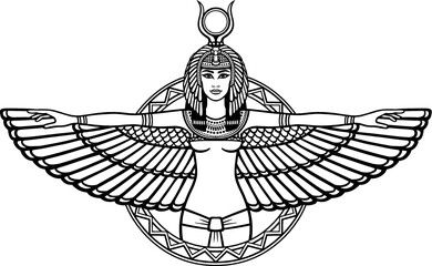 Animation portrait of the ancient Egyptian winged goddess. The linear drawing isolated on a white background. Vector illustration, be used for coloring book. - obrazy, fototapety, plakaty