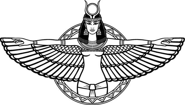 Animation portrait of the ancient Egyptian winged goddess. The linear drawing isolated on a white background. Vector illustration, be used for coloring book.