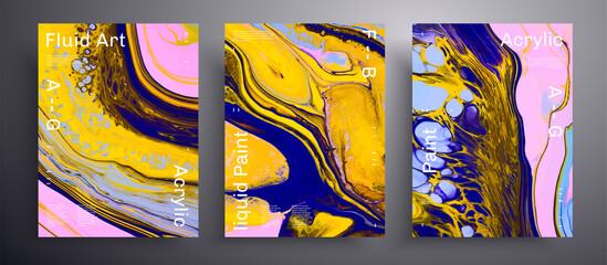 Abstract acrylic poster, fluid art vector texture pack. Trendy background that can be used for design cover, invitation, presentation and etc. Yellow, navy blue and pink creative iridescent artwork