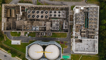 Aerial View of chiller and cooler fan on top of building for industrial purpose.