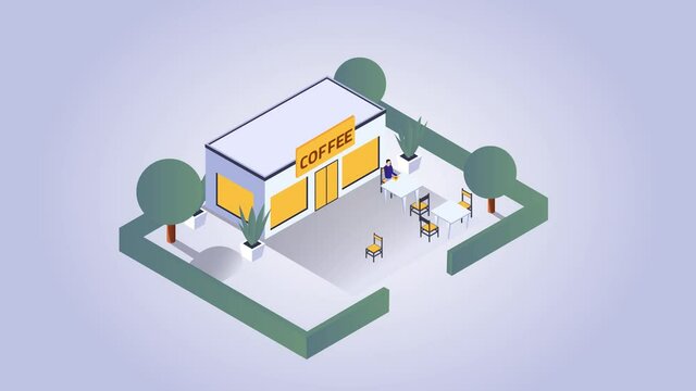 Coffee shop building exterior with customers