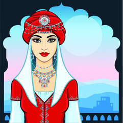 young beautiful woman in a red turban and silver jewelry.  Background - a palace window, a mountain night landscape, dawn.