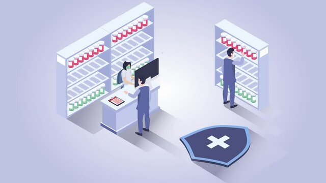 Female pharmacist serving customers in drugstore